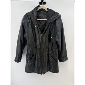 Jacqueline Ferrar Black Genuine Leather Hooded Coat Cinched Waist Jacket Women S